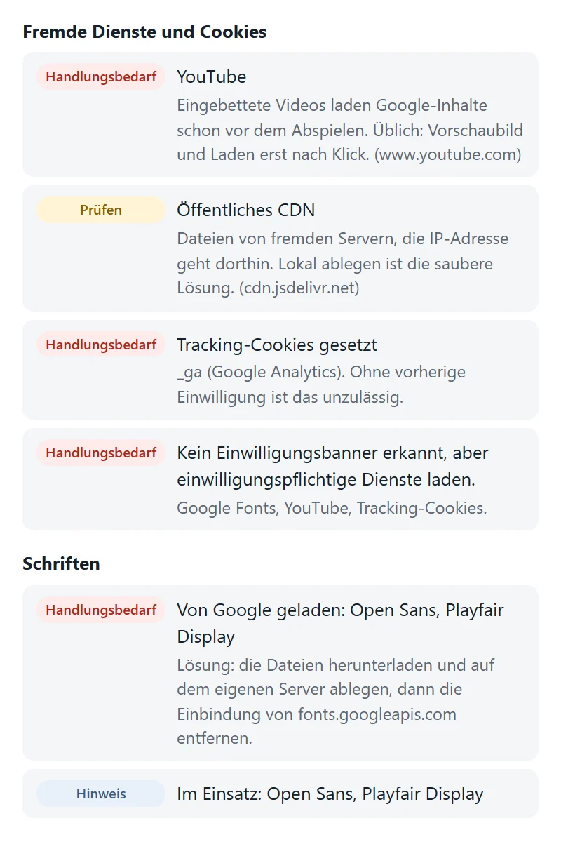 Abschnitt Fremde Dienste und Schriften: Open Sans und Playfair Display werden von Google geladen