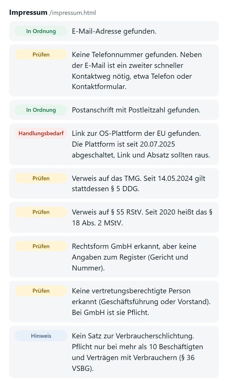 Abschnitt Impressum: Link zur OS-Plattform, TMG-Verweis und fehlende Registerangaben werden markiert