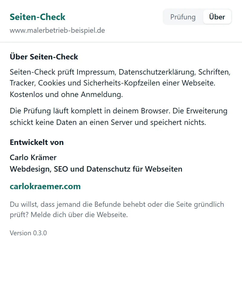 Reiter Über: Die Prüfung läuft komplett im Browser, keine Daten an Server